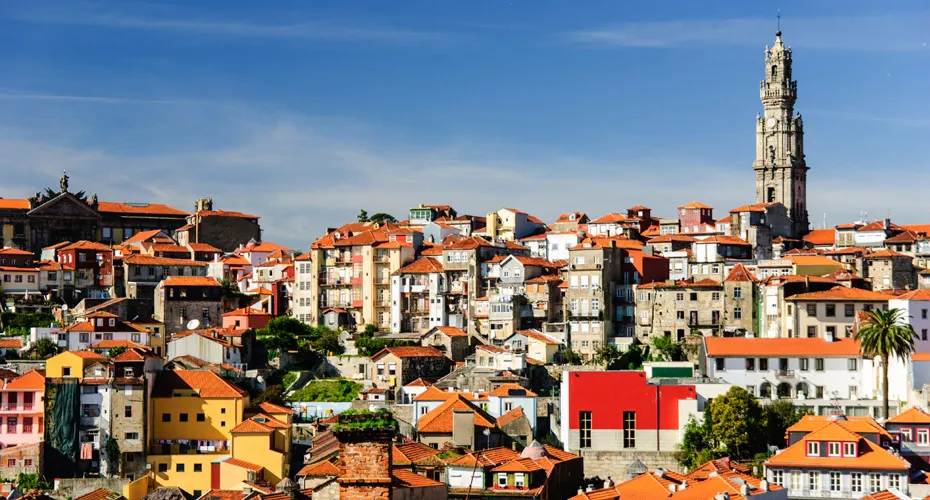 Clérigos Church visible in Porto, one of the largest Portuguese cities.